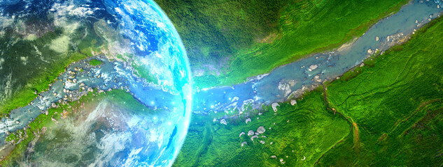 Carbon Tax Credit Banner Reduction Innovation Concept. Earth on River Forest for love Planet Earth...