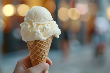 Hand holding a white vanilla ice cream cone on a city street