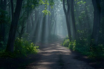 Obraz premium A path in the forest lined with tall, beautiful trees in the sunlight