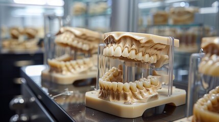 Dental prosthetics displayed in a dental laboratory for patient fittings.
