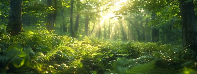 Obraz premium The sun shines through lush green trees, adorned with ferns, in a forest The sun also illuminates distant trees