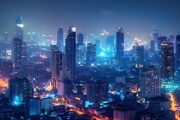 A magnificent and beautiful night view of a big city, with buildings big and small emitting colorful lights.