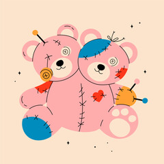 Voodoo doll Teddy bear. Two headed bear with pin, stitches, patches. Cartoon style cute character. Hand drawn Vector illustration. Isolated design element. Rag, textile toy. Icon, print template