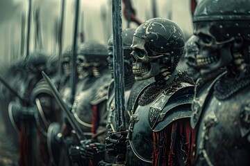 Fototapeta premium In a fantasy world, black skeleton soldiers are lined up for war, wearing black shields, weapons, and heavy armor, with their shields in front of them.