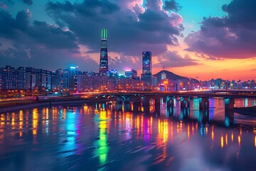 Fototapeta premium Night view of the city filled with colorful lights of bridges and large buildings illuminated by colorful lights