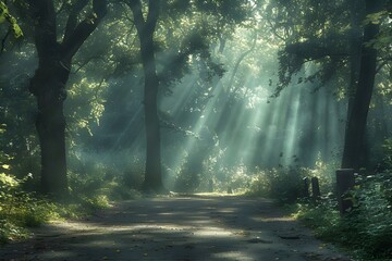 Obraz premium A path in the forest lined with tall, beautiful trees in the sunlight