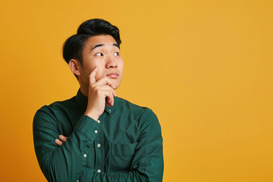 Pensive man in green shirt on solid yellow background