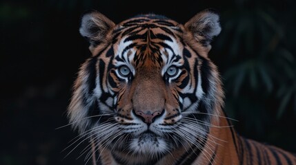 Obraz premium Close-up portrait of a tiger with piercing blue eyes. Vibrant orange fur with distinct black stripes. Focused expression conveys power and intensity. Dark background emphasizes the tiger's features. 