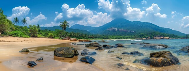 A scene of a beach with a mountain backdrop and a body of water displaying rocks in the foreground