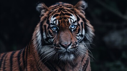 Fototapeta premium Close-up portrait of a tiger with piercing blue eyes. Vibrant orange fur with distinct black stripes. Focused expression conveys power and intensity. Dark background emphasizes the tiger's features. 