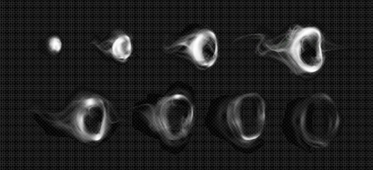Hookah vape or cigarette smoke circles with grow and disappear sequence steps for animation. Sprite sheet for flying tobacco smoky ring. Realistic 3d vector set of vapor steam circular shape.