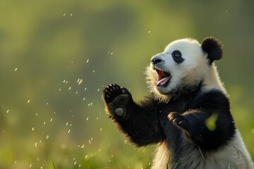 Fototapeta premium Wild giant panda cub playing happily in the forest with its mouth open