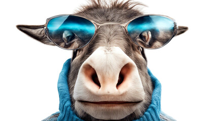Humorvolles Portrait eines Esels mit cooler blauer Sonnenbrille und kuscheligen blauen Schal. Er schaut direkt in die Kamera. Witziges Tierbild für Kinderbücher, Postkarten, Social Media-Posts.