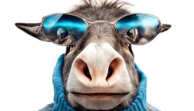 Humorvolles Portrait eines Esels mit cooler blauer Sonnenbrille und kuscheligen blauen Schal. Er schaut direkt in die Kamera. Witziges Tierbild f&uuml;r Kinderb&uuml;cher, Postkarten, Social Media-Posts.