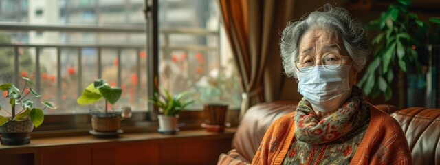 Fototapeta premium An elderly woman, clad in a face mask, sits in a chair before a sunlit window Two flourishing potted plants flank her on each side