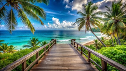 Serene and isolated, weathered wooden decking stretches towards turquoise ocean waves, with lush greenery and distant palm trees framing the tranquil seaside escape.