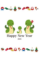 Fototapeta premium 2025年 年賀状デザイン 巳年 蛇の親子イラスト