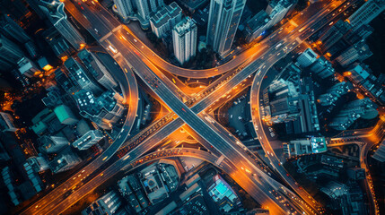 High-angle night view of illuminated urban highway interchange with intersecting roads and surrounding tall buildings in the city.