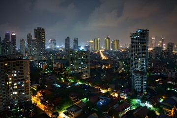 Obraz premium Night view of a big city lined with large buildings