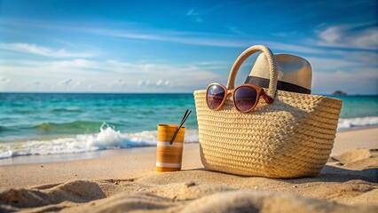 A serene summer scene featuring a vacant sandy beach with a pair of trendy sunglasses, a stylish hat, and a sunscreen bottle abandoned beside a woven tote bag.