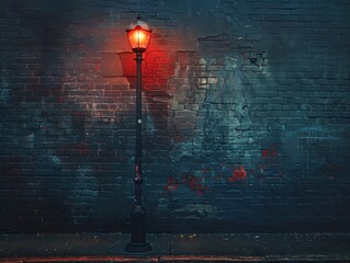 A street scene at night with a brick wall illuminated by a single street lamp. 