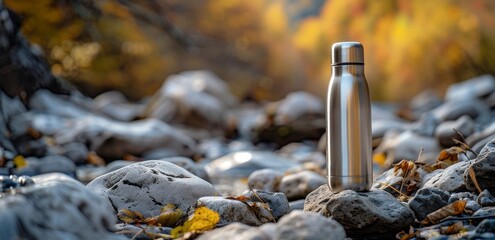 generic chrome metal stainless steel or aluminum silver water bottle in the middle of jungle nature on a rock mockup with forest background as wide banner