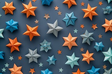 Obraz premium Pattern of multi-colored Christmas stars made of paper using the origami technique. Bright paper toys for the Christmas tree. Cover concept for notebooks or postcards.
