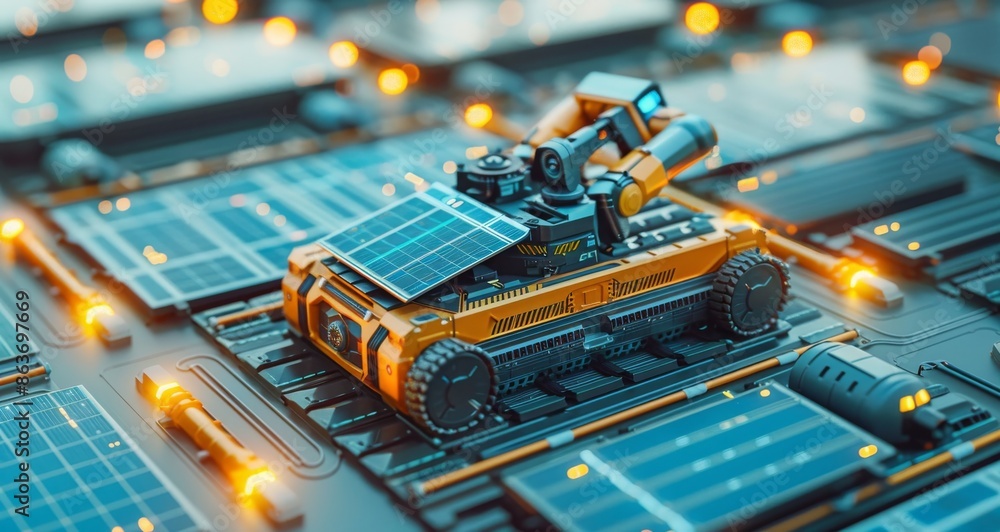 Poster futuristic robot enhancing solar panel efficiency with advanced technology and automation