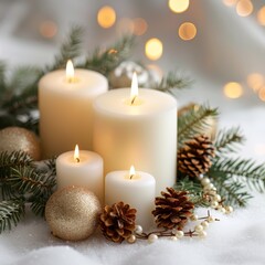 Christmas white candles on a white background with Christmas tree branches, balls and pine cones. New Year's card with a garland and space for text. Cozy orange candle flames.
