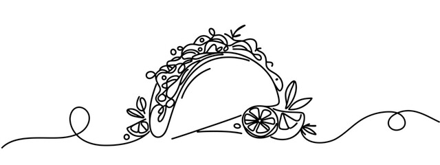 One continuous single line of taco hand drawn isolated on white background. Mexican food tacos vector illustration.