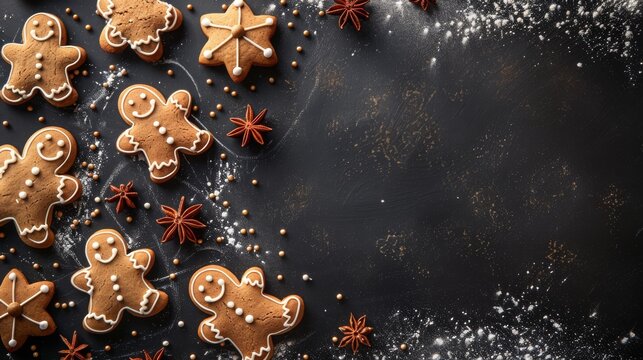 Sweet gingerbread cookies with white icing for Christmas on a black background. Cookies decorated with powdered sugar, fir branches and cinnamon. New Year card with space for text.