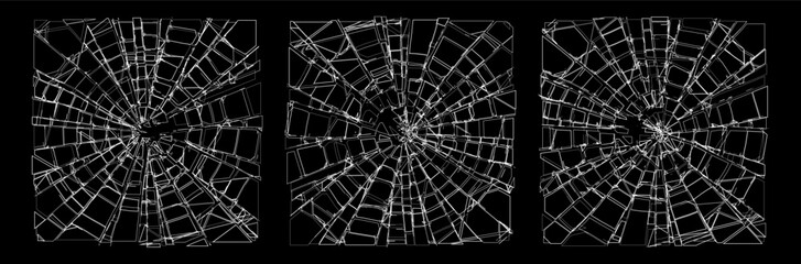 Broken Glass Squares with Cracks. Abstract Comic Book Flash Explosion Blast Radial Lines. Shattered, Fractured and Broken Texture. Bullet Shot Effect VFX. Vector Illustration.