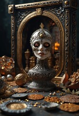 Obraz premium Mystical Mask on Ornate Pedestal with Golden Accents.