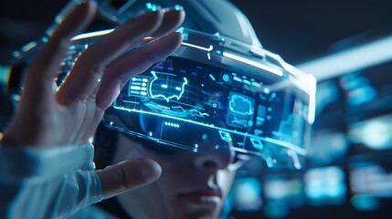 Fototapeta premium Futuristic User Exploring Augmented Reality with Holographic Controls and Overlays