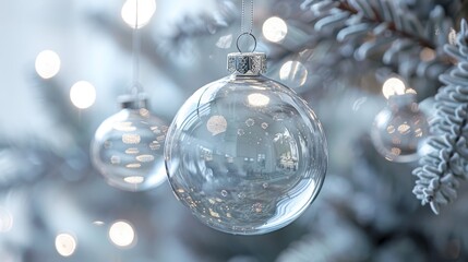A transparent glass Christmas ball hangs on a fir branch on a white background. Postcard or advertisement for a winter decor store. Space for text.