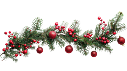 Christmas Branches Border with Christmas Decorations on Transparent Background