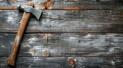 Gray stained wooden background with ample copy space hammer axe design