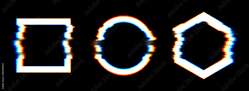 Aufkleber Glitched Circle Hexagon Square Frames Design. Distorted Glitch Style Modern Background. Glow Design for Graphic Design - Banner, Poster, Flyer, Brochure, Card. Vector Illustration.