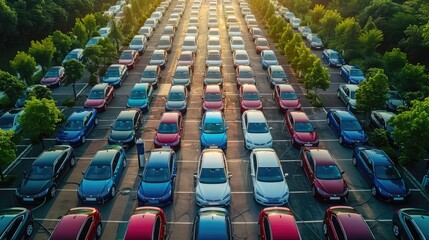 Fototapeta premium Aerial view of a large parking lot filled with parked cars under sunlight, surrounded by green trees, creating a modern urban setting.