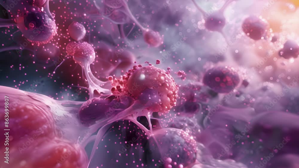 Aufkleber a microscopic closeup of stem cells fusing with a target tissue and releasing growth factors trigger