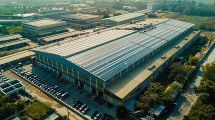 Aerial view of large industrial warehouse with solar panels on the roof, surrounded by greenery and parked cars on a sunny day.