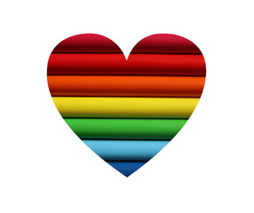 The heart is filled with horizontal stripes. Colors of the rainbow. Isolated on white background. The strips have a rounded three-dimensional shape and a light shadow. LGBT. Love.
