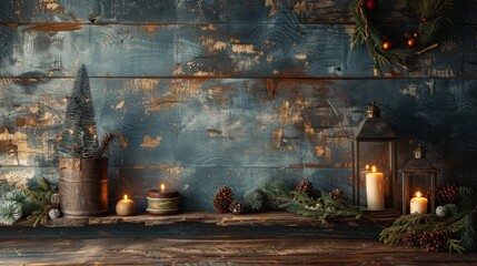 Christmas decor of an old village house with balls, fir tree, garland and pine cones. A poorly decorated old shabby house. New Year card or desktop wallpaper. Space for text.