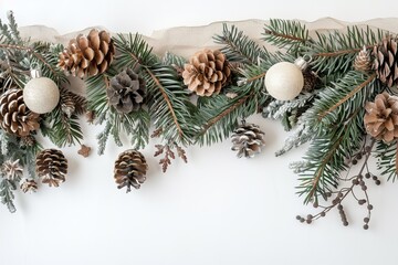 Christmas decor from fir branches, cones, balls, garlands and oranges. New Year card on a white background. Festive winter desktop wallpaper.