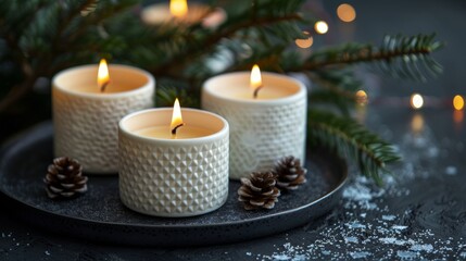 White candles on a black table with fir branches, cones and garlands. Christmas decor in a minimalist cozy style. New Year's card or desktop wallpaper.