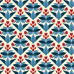 Flower geometric pattern. Seamless vector background.Flowers background design. Floral garden geometric seamless pattern. Decorative ornament mosaic. Vector illustration. Flowers and leaves mid-centur