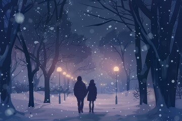 Obraz premium Holding hands with a loved one while strolling through a snowy park, cozy vibe, Generative AI