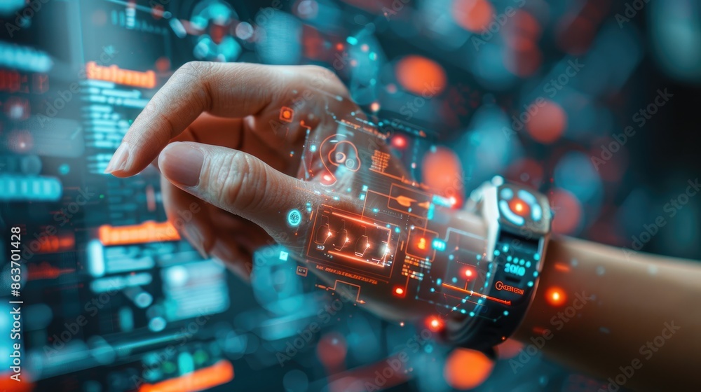 Poster close up of a hand interacting with futuristic holographic data interface, showcasing advanced techn
