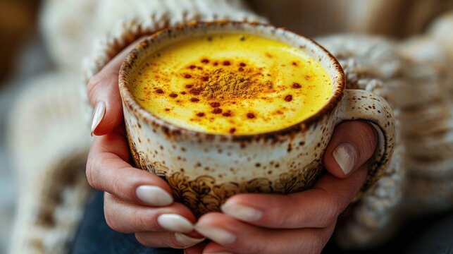 Close up of a person holding a mug of turmeric latte with a sprinkle of cinnamon, wearing a cozy sweater. Perfect for autumn or winter themes.