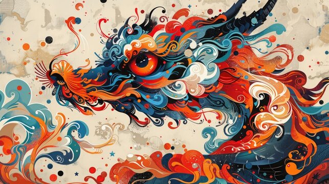Colorful abstract dragon artwork. Vibrant swirls and intricate details make this painting visually stunning and captivating. Great for artistic decor.